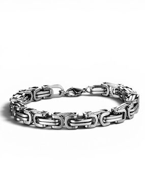 STAINLESS STEEL SILVER BYZANTINE MECHANIC SILVER BLACK BIKER BRACELET